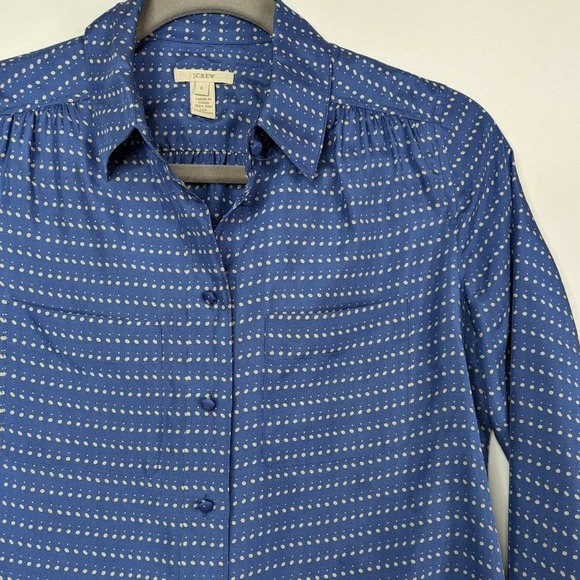 J Crew 0 Blythe 100% Silk Button Up Blue Polka Dot Career Shirt Blouse - Picture 6 of 10